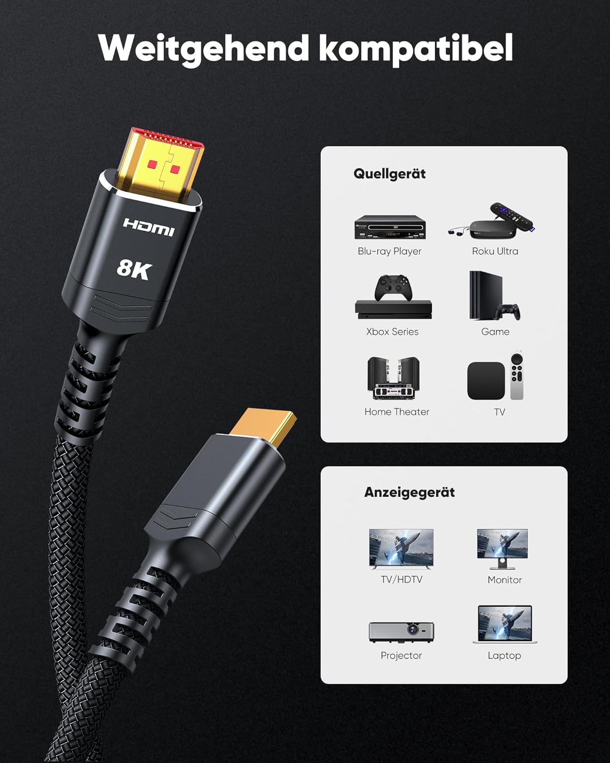 Highwings HDMI 2.1 Kabel 3Meter Zertifiziertes, 10K 8K HDMI Kabel 48Gbps Ultra Highspeed 8K 60Hz 4K 120Hz 7680P Earc HDCP 2.2&2.3 DTS:X Dynamische HDR Kompatibel Mit Soundbar HDTV Monitor